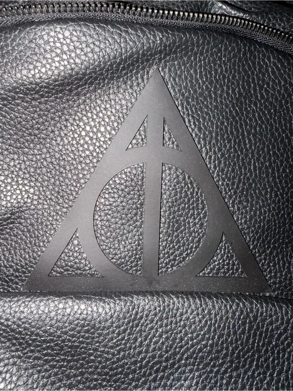 Men's Black Faux Leather Backpack with deathly hallows symbol
